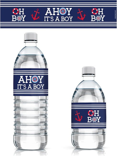 Ahoy Its a Boy Baby Shower Water Bottle Labels, Nautical Waterproof Stickers for Water Bottles - 24 Count, Party Favor Decorations...