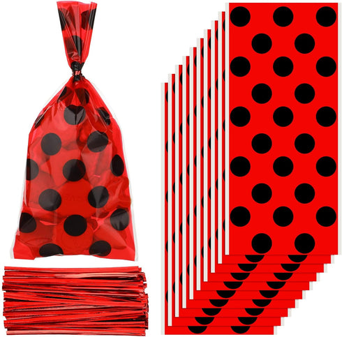 Zonon Ladybug Party candy bag Red Treat Goodie Bags birthday favor Reception Bag Household Tie Silk Bags with Red Twist Ties for Party Favors (100...