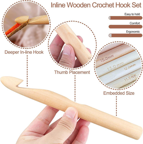 Coopay Large Wooden Crochet Hooks Ergonomic Crochet Hook Set 10-25 mm, 7PCS Inline Crochet Hooks Bamboo Crochet Kit for Beginner, Giant Wood Croch...