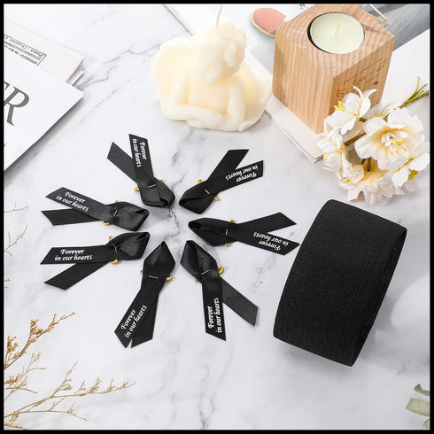 50 Pcs Mourning Ribbon Pins Black Funeral Memorial Ribbon Pins and 25 Pcs Funeral Mourning Arm Bands Forever in Our Heart Classic Elastic Armband ...