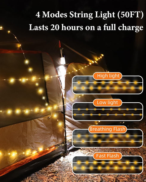 Camping String Lights, 4 in 1 Outdoor String Lights with 9 Light Modes(50Ft), LED String Lights Waterproof IPX6 Portable Camping Lantern Rechargea...