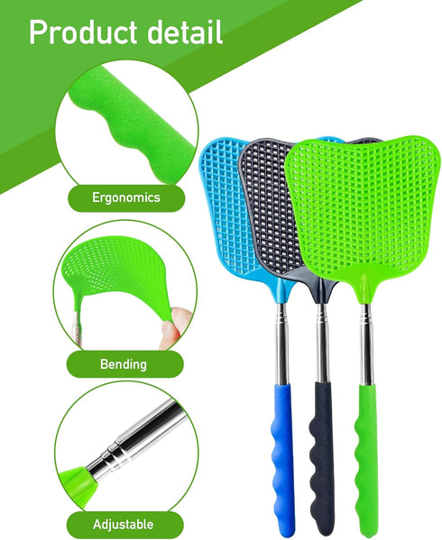 3 pcs Fly Swatter, Fly Swatter Plastic,Telescopic Fly Swatters, Large Bug Swatter That Work for Indoor and Outdoor. (Black Blue Green)...