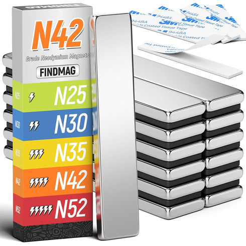 FINDMAG 12Pack Rare Earth Neodymium Magnets, Strong Magnets Heavy Duty Bar Magnets with Double-Sided Adhesive, Powerful Bar Magnets for Fridge, Ga...