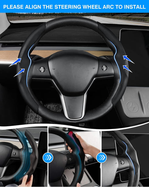 Custom-Fit Steering Wheel Cover for Tesla, Telsa Model 3 / Y Leather Steering Wheel Cover for Men/Women, Anti-Slip, Comfortable Grip, Breathable, ...