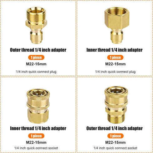 4pcs M22-15mm to 1/4in Pressure Washer Adapter Set, Power Washer Adapter to 1/4in Fast Connect & Quick Disconnect Pressure Washer Fast Connector K...