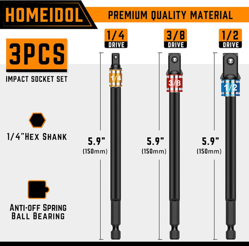 3-Piece 6-Inch Hex Shank Impact Grade Power Socket Adapter Set - Turns Impact Drill Driver into High Speed Socket Driver Extension Bit - 1/4-Inch,...