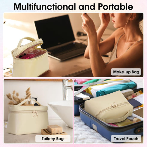 Wandering Nature Cosmetic Bag Makeup Toiletry Pouch for Women with Portable Flip & Double Zipper for Travel Toiletry Bag, Beige...