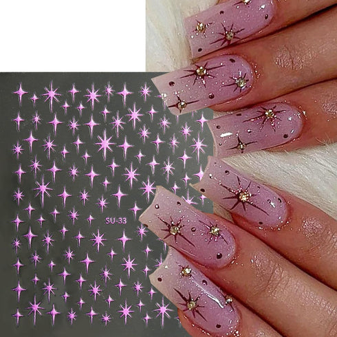 6Sheets Star Nail Art Stickers, 3D Self-Adhesive Purple Gold Silver Black White Stars Nail Design Sticker Starlight Nail Decals for Women DIY Fren...