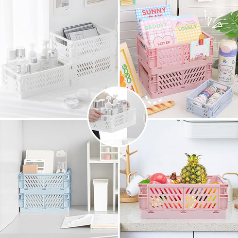 Plastic Baskets for Desk Organizing, Drawer Organizer, 2 Medium+2 Small Durable Folding Storage Crate for Home Kitchen Classroom Office Bedroom an...