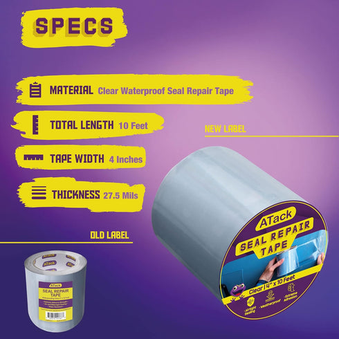ATack Waterproof Patch and Seal Tape, Clear, 4 Inches x 10 Feet, Water Barrier Tape for Stop Leak Repair on Pipes, Chimney, Roof, Boat, and HVAC...