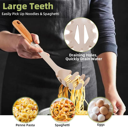 Silicone Spaghetti Spoon, Large Soup Ladle Spoon, Nonstick Pasta Server Set, Heat Resistant Pasta Fork, Kitchen Cooking Utensils with Wooden Handl...