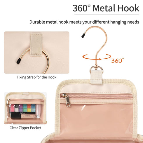 CUBETASTIC Travel Toiletry Bag, Portable Makeup Bag with Hanging Hook Waterproof Cosmetic Organizer Case 3 Compartment Leather Pouch for Toiletrie...