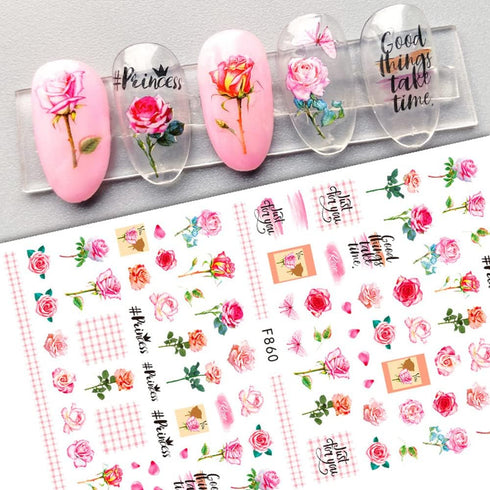 Flower Nail Art Stickers Decals 6Sheets Spring Rose 3D Self-Adhesive Nail Stickers Flowers Rose Butterfly Design Nail Decals for Nail Art Women Gi...
