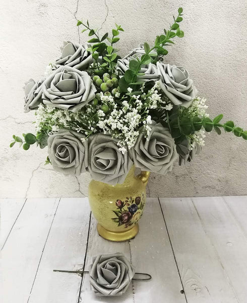 D-Seven Artificial Flowers 30PCS Real Looking Fake Roses with Stem for DIY Wedding Bouquets Centerpieces Party Baby Shower Home Decorations (Silve...