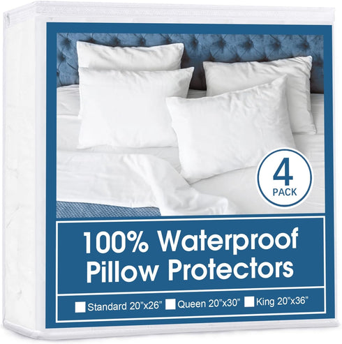 4 Pack Pillow Protector with Zipper Breathable & Noiseless 100% Waterproof Pillow Cases Standard Size 20''×26'' White Pillow Covers......