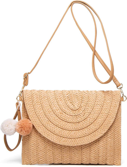 Straw Shoulder Bag Straw Clutch Women Hand-woven PomPom Straw Crossbody Bag Summer Beach Envelope Purse Wallet...