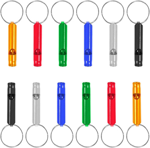 Set of 12 Extra Loud Whistles for Camping Hiking Hunting Outdoors Sports and Emergency Situations, Sturdy but Light Aluminium Key Chain Signals...