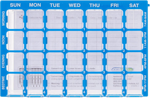 Ezy Dose Weekly (7-Day) Pill Case, Medicine Planner, Vitamin Organizer Box, Small Compartments with Easy Fill Tray, 4 Times a Day, Clear Lids, Col...