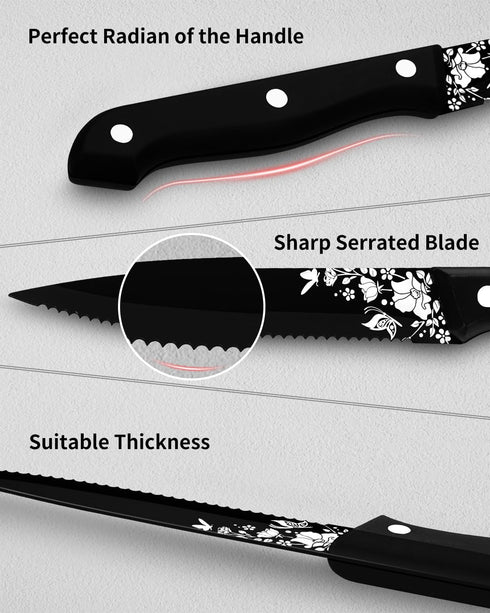Stapava Steak Knives Set of 8, Stainless Steel Steak Knife Set Black, Sharp Serrated Dinner Knives Matte with Laser Pattern for Kitchen Restaurant...