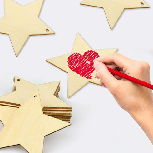 obmwang 50 Pieces Natural Wooden Star Cutouts Unfinished Predrilled Wooden Star Embellishments with Natural Twine for Christmas, DIY Craft, Party ...