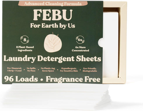 FEBU Eco Friendly Laundry Detergent Sheets, Fragrance Free, 96 Loads, Plant-Based Ingredients, Hypoallergenic, Zero Waste, 6x More Cleaning Power...