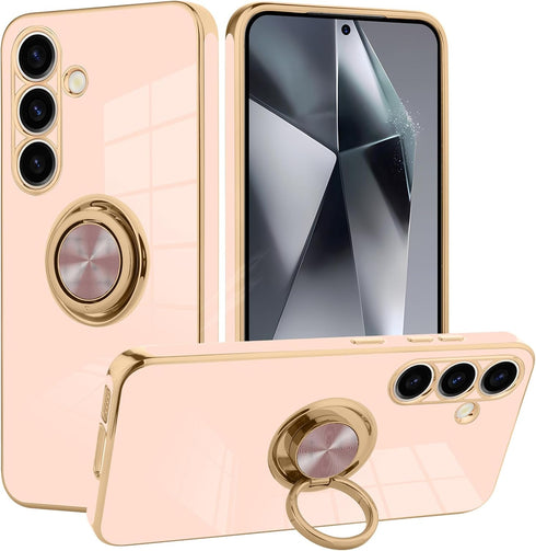 KANGHAR Galaxy S24 Case with Phone Ring Stand Full Body Protection Plated Rose Gold Edge Luxury Case for Samsung Galaxy S24-Pink...