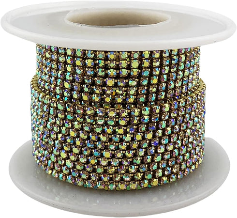 10 Yard Crystal AB Rhinestone Close Chain Clear Trim Sewing Craft (Gold, 2mm)...