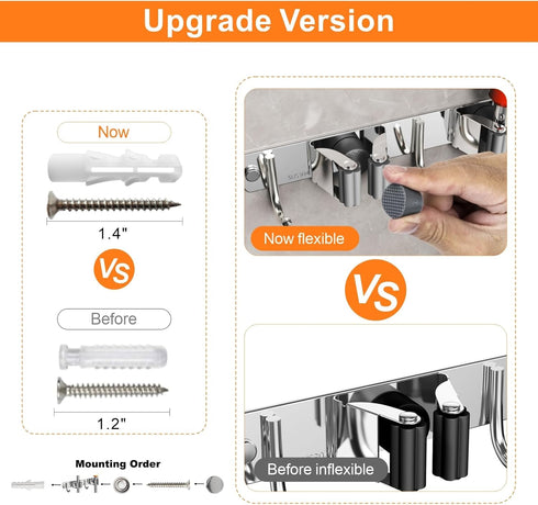 Mop and Broom Holder Wall Mount, Upgraded Broom Organizer Wall Mount, Stainless Steel Broom Hanger Wall Mount for Home Kitchen Garden Laundry Gara...