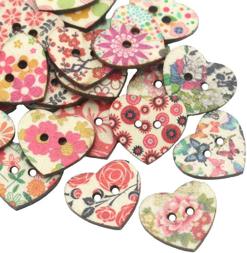 AKOAK 50 Pack 25MM 2-Hole Mixed Flower Pattern Printed Wooden Peach Heart Shaped Buttons Wood Sewing Buttons DIY Scrapbooking Clothe Buttons...