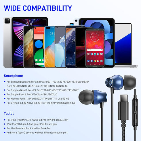 USB C Earbuds for Google Pixel 8 8A 7 Pro 7A 6A 6 Apple iPhone 15 Plus iPad Galaxy S24 S23 S22, Wired Type C Earphones Microphone Headphone for Sa...