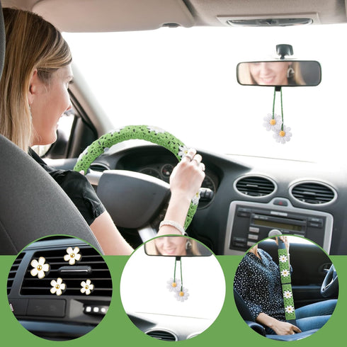 Frienda 8 Pcs Crochet Car Accessories Set Handmade Crochet Steering Wheel Cover 2 Pcs Belt Cover Hanging Cute Plants 4 Pcs Air Vent Clip for Women...