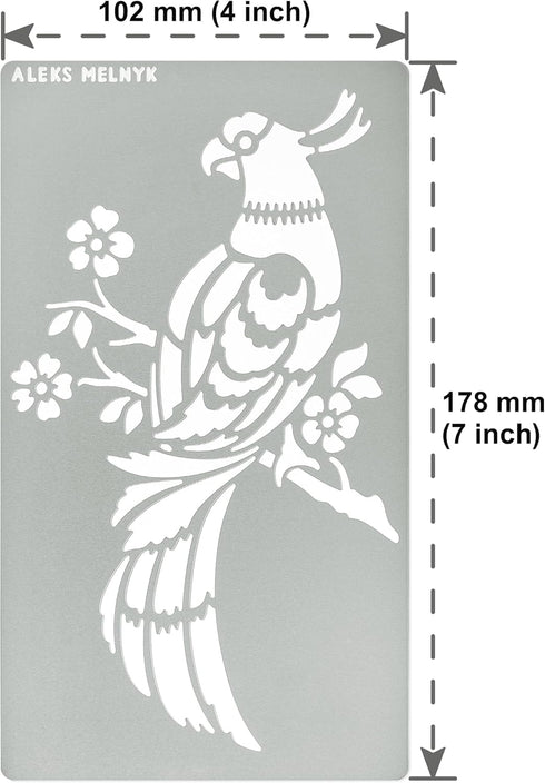 Aleks Melnyk No.471 Metal Stencil, Bird on Tree Branch, Parrot, Branches with flowers, Wild Animal, Small Stencil, 1 PC, Template for Wood Burning...