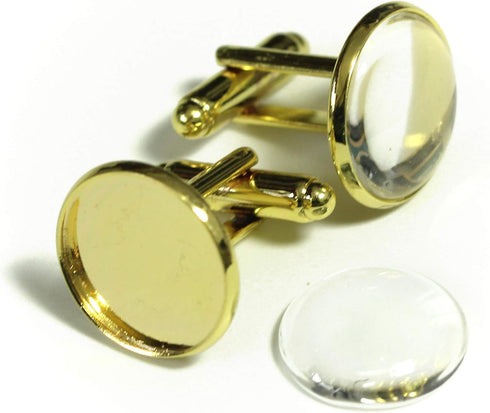 ALL in ONE Cufflinks Cuff Links Button Cabochon Blank Trays Frame with Clear Glass Dome (Gold 16mm - 10 Sets)...