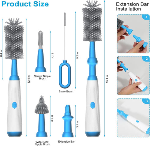 Electric Bottle Brush Cleaner with Rechargeable, Cleaning for Baby/Water/Wine/Thermos Bottles, Waterproof 2 Nipple and Straw Silicone Brush 1500mA...