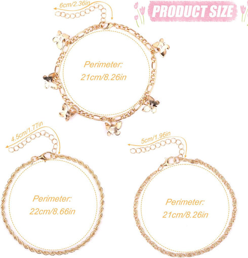 3pcs Women's Anklets, Alloy Waterproof Ankle Bracelets for Women Butterfly Pendant Gold Anklet Ankle Bracelets Set Foot Jewelry for Women...
