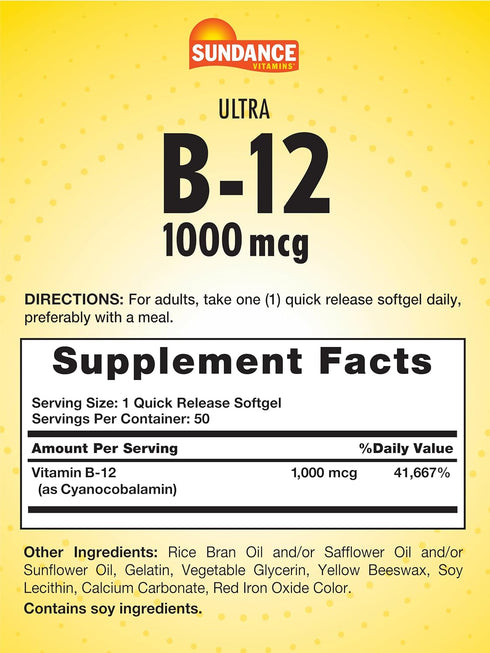 Sundance Vitamin B12 | 1000 mcg | 50 Quick Release Softgels | Non-GMO and Gluten Free Supplement...