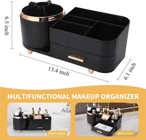 Makeup Organizer Countertop with Drawers 360 Rotating Makeup Brush Holder Large Capacity Skincare Organizer for Vanity Desk, All Black...