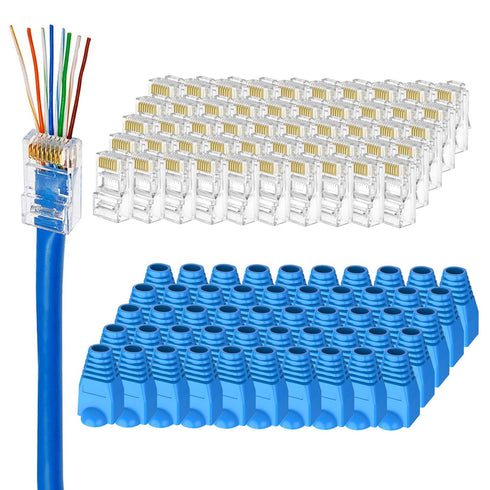 UTP RJ45 Connectors, Cat6 RJ45 Pass Through Plugs 50-Pack, Cat6 RJ45 Plugs with 50-Pack Strain Relief Boots for Solid or Standard Ethernet Cables,...