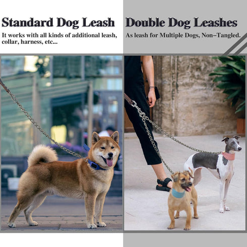 Dog Chain Short Leash with Leather Handle, 304 Stainless Steel Dog Short Lead Metal Heavy Duty Chain DIY Double Dog Leashes,Extend&Coupler. (Leath...