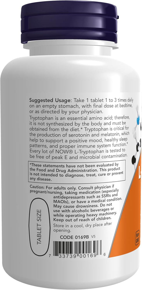 NOW Supplements, L-Tryptophan 1,000 mg, Double Strength, Encourages Positive Mood*, Supports Relaxation*, 60 Tablets...