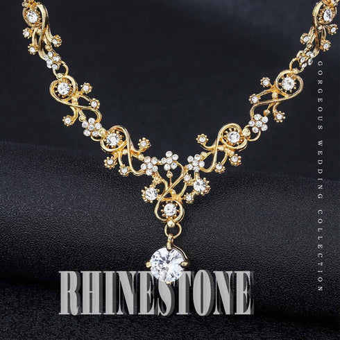 Wedding Necklace Bride Rhinestone Floral Necklace Earring Set Bridal Jewelry Sets Prom Party Teardrop Dangle Necklace and Earring Drop...