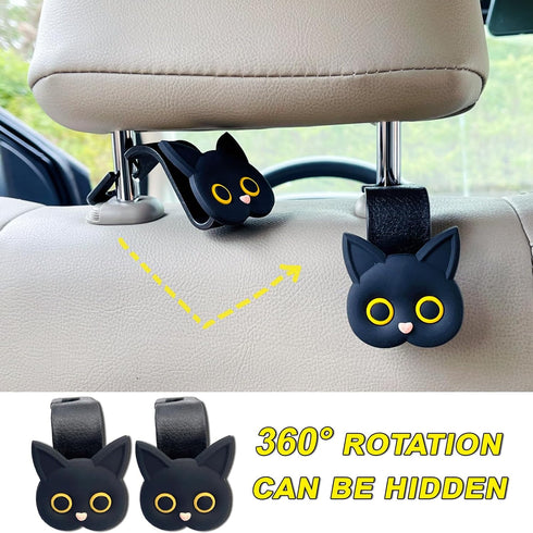 Car Seat Headrest Hooks - Cute Cartoon Cat Hook Vehicle Hanger for Purses, Bags, Coats, Umbrellas Holder (2pc Black)...