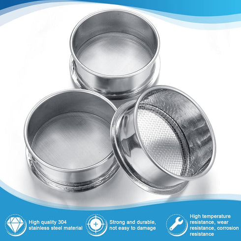 3 Pcs 304 Stainless Lab Sieves, 200 Mesh (0.074 Mm), 80 Mesh (0.18 Mm), 10 Mesh (2 Mm) Aperture Test Sieve, 4 Inch Diameter Economy Test Sieve wit...