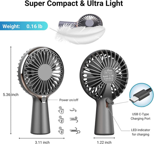 Holiday Mini Handheld Fan, USB Desk Fan Small Personal Portable Hand Fan Table Fan with Rechargeable Battery Operated Cooling Electric Fan 3-6H Wo...