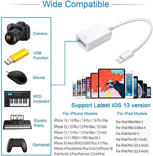 Lightning to USB Camera Adapter, Apple MFi Certified USB OTG Cable Converter for iPhone 14 13 12 11 Pro Max XS XR X 8 iPad, Support Camera, Card R...