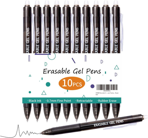 Vitoler 10 Pack Erasable Gel Pens, 0.7 mm Fine Point Retractable Pens, Black Ink Erasable Pens for Completing Sudoku and Crossword Puzzles...