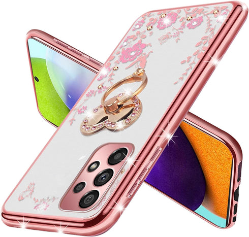 for A52 Samsung Phone Case, Samsung A52 Case for Women Glitter Crystal Soft TPU Bling Cute Pink Butterfly Heart Floral Clear Protective Cover with...