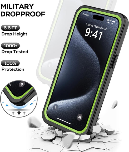 for iPhone 15 Pro Max Case Waterproof 6.1'', Full Protective Dustproof Shockproof Phone Case with Screen Protector for Apple iPhone 15 Pro Max (Gr...