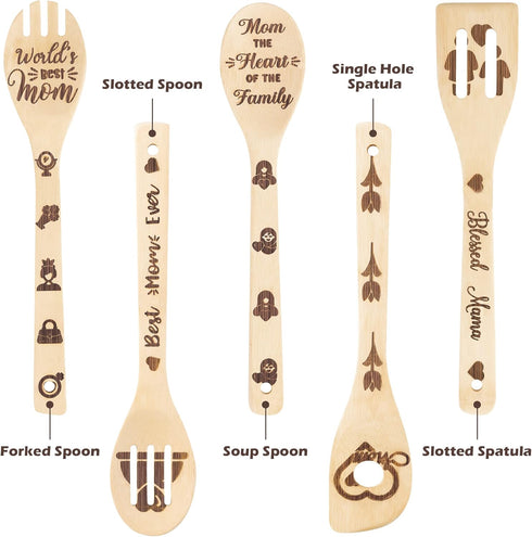 5Pcs Mother's Day Wooden Spoons Utensils Set, Non-Stick Cooking Utensils Carve Burned Bamboo Spoons Spatula Kitchen Cookware Gadget Decor Kit Moth...