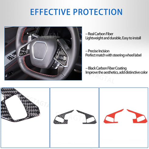 Soft Carbon Fiber Steering Wheel Button Cover Sticker Fit for Chevrolet Corvette C8 2020-2024, Car Steering Wheel Panel Protection Frame Molding S...